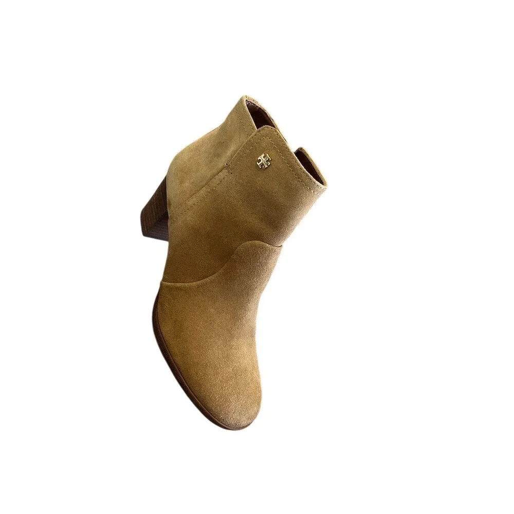 Tory Burch Ankle Booties Womens 7.5 Tan‎ Side Zip Block Heel Logo
